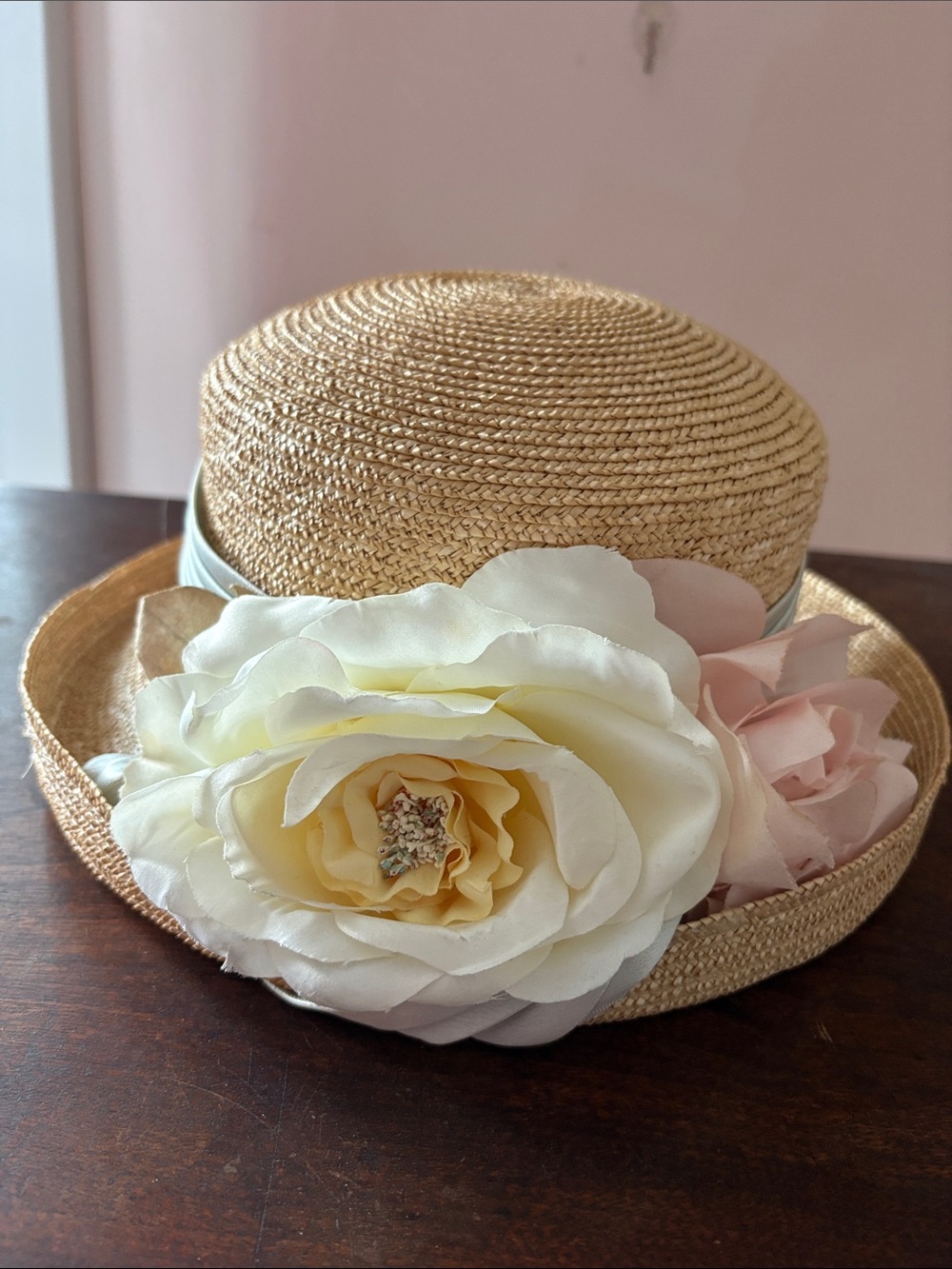 Fleurish Straw Boater Hat with Cream and Blush Floral Accents